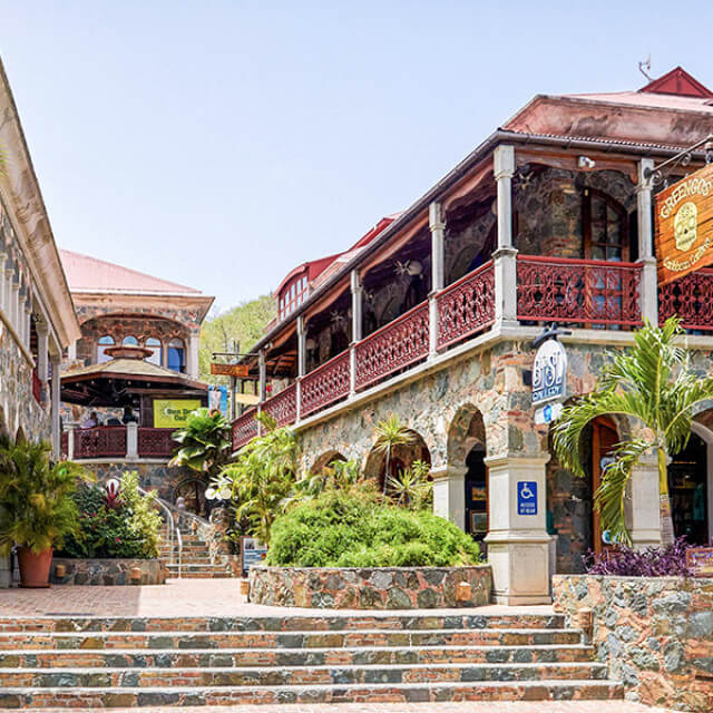 Exterior of shops at Mongoose Junction in St. John in the U.S. Virgin Islands