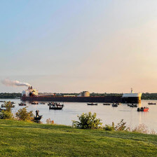 Freighter fishing in St. Marys River in Sault Ste. Marie, Michigan