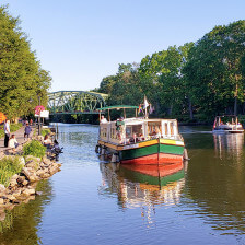 The Sam Patch boat floats down the Erie Canal in Rochester, New York