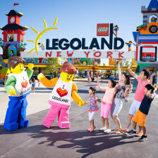 A character greeting at the entrance to LEGOLAND New York in Orange County