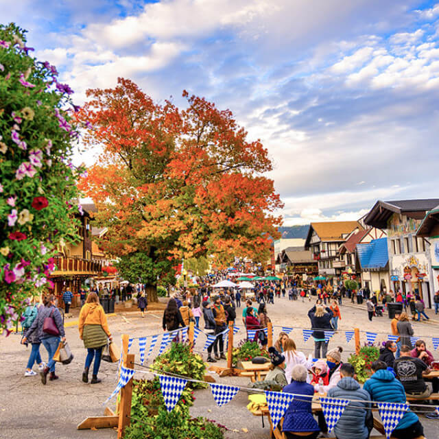 Shopping and dining during a festival in Bavarian-style Leavenworth, Washington