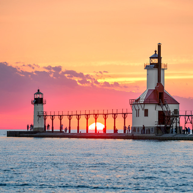 Sunset views of the St. Joseph North Pier in Michigan