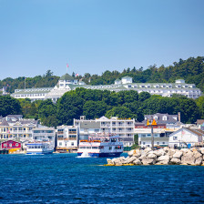 View of the harbor and Grand Hotel on Mackinac Island, Michigan