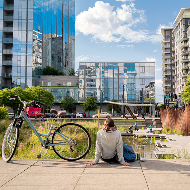 Enjoying Tanner Springs Park in the Pearl District of Portland, Oregon
