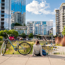Enjoying Tanner Springs Park in the Pearl District of Portland, Oregon