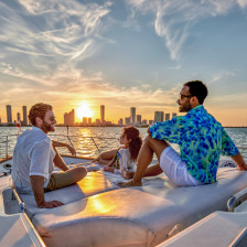 Sunset boating with the Miami, Florida, skyline in the distance